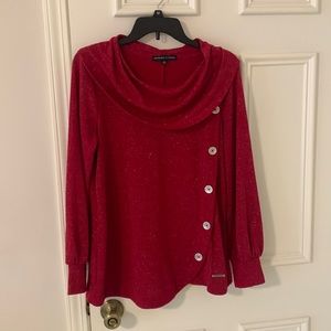 Sparkly red cowl neck and button detail top